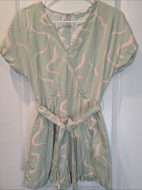 Lush Linen Blend Romper Small Green Pink Wrap Tie Waist Shorts Jumpsuit